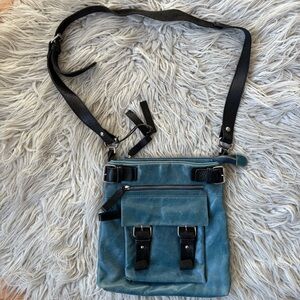 Tano Blue Black Distressed Leather Silver Hardware Zipper Closure Crossbody Bag